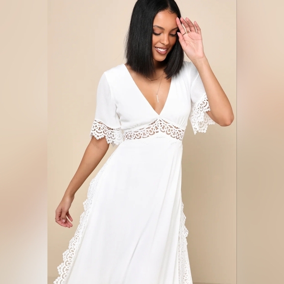 Lulus Sweeten the Occasion White Lace Short Sleeve Maxi Dress M Wedding Party - Picture 4 of 10